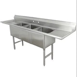 Hakka Brothers 16 Gauge Stainless Steel Three Compartment Commercial Sink and Two Drainboard - 18"X18"X11"Bowl