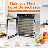 Hakka Bros 10-Tray 800W Food Dehydrator, 8.9 sq. ft. Drying Space, 86–194°F Temp, 24H Timer & Glass Door