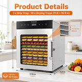Hakka Bros 10-Tray 800W Food Dehydrator, 8.9 sq. ft. Drying Space, 86–194°F Temp, 24H Timer & Glass Door