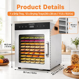 Hakka Bros 12-Tray 800W Food Dehydrator, 10.7 sq. ft. Drying Space, 86–194°F Temp, 24H Timer & Glass Door