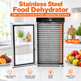 Hakka Bros 20-Tray 1600W Food Dehydrator, 32.7 sq. ft. Drying Space, 86–194°F Temp, 24H Timer & Glass Door