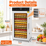 Hakka Bros 20-Tray 1600W Food Dehydrator, 32.7 sq. ft. Drying Space, 86–194°F Temp, 24H Timer & Glass Door
