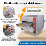 EasyRose commercial conveyor pizza oven with stainless steel body, removable crumb tray, and easy-clean conveyor