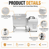 Hakka 30L 60 lb stainless steel meat mixer showing lid, motor, control knob, and support feet