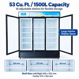 Hakka Brothers 53 Cu. Ft / 1500L Commercial Glass Door Merchandiser with 3 Self-Closing Doors, Lightbox, 15 Adjustable Shelves & LED Lighting