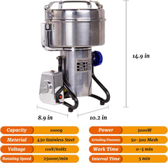 Hakka Grain Mill 1000g High Speed Food Electric Stainless Steel Powder MillSeeds Flour Nut Pill Wheat Corn Herbs Spices Powder Machine，3000W