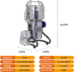 Hakka Grain Mill 800g High Speed Food Electric Stainless Steel Powder MillSeeds Flour Nut Pill Wheat Corn Herbs Spices Powder Machine，2400W
