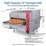 Dimension diagram of EasyRose conveyor pizza oven showing 36.5-inch total length, 14-inch belt width, 20-inch unit width, and 19.3-inch height.