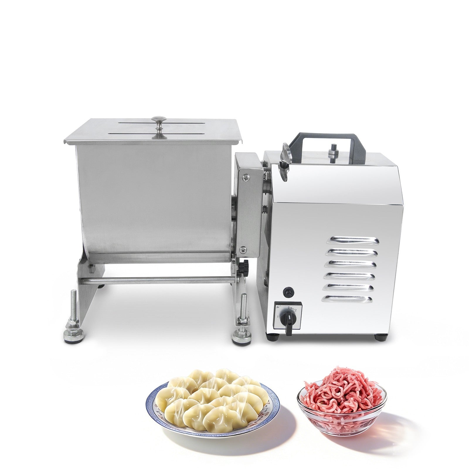 Hakka 7.5L 15lb tilt tank electric meat mixer with stainless steel body, countertop motor, dumplings, and ground meat for commercial food prep.