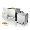 Open top view of the Hakka 45L 90 lb stainless steel tilting meat mixer with ingredients inside
