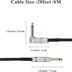 20 英尺专业吉他乐器电缆，吉他电缆直角 1/4 英寸 TS 转直 1/4 英寸 TS 适用于电吉他、贝斯、键盘、专业音频