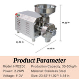 Hakka 2200W Commercial Grain Mill Electric Grain Grinder 30-50kg/h Grain Grinding Machine Stainless Steel Flour Milling Machine for Dry Grains Cereals Coffee Corn Pepper Herb